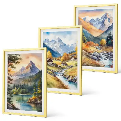 Juego de 3 cuadros de paisaje montañoso con un río