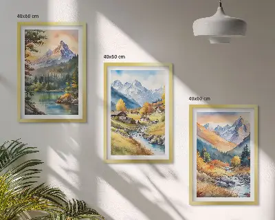 Juego de 3 cuadros de paisaje montañoso con un río