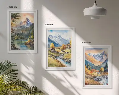 Juego de 3 cuadros de paisaje montañoso con un río
