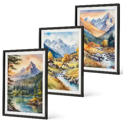 Juego de 3 cuadros de paisaje montañoso con un río