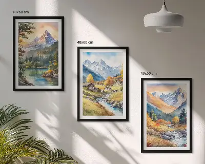 Juego de 3 cuadros de paisaje montañoso con un río