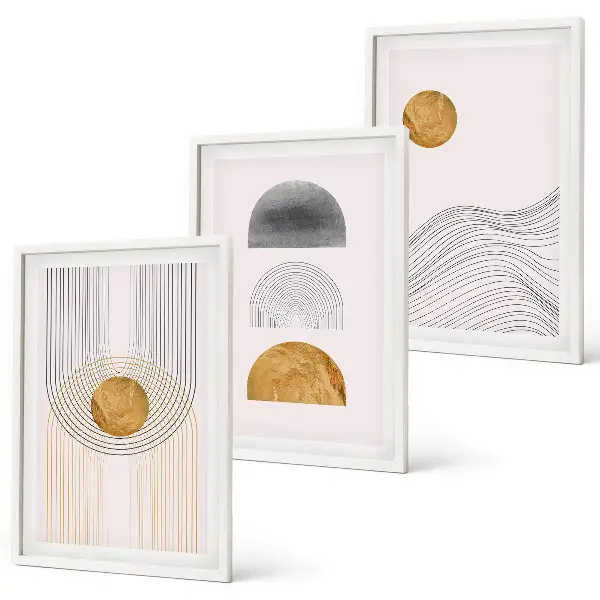 Set de 3 cuadros para salón con diseño de formas abstractas en tonos beige y gris