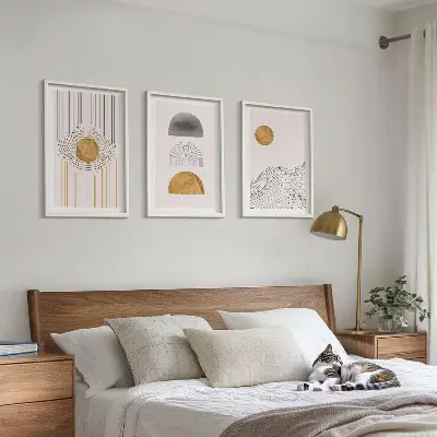 Set de 3 cuadros para salón con diseño de formas abstractas en tonos beige y gris