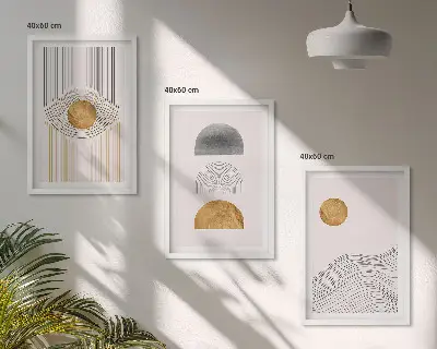 Set de 3 cuadros para salón con diseño de formas abstractas en tonos beige y gris