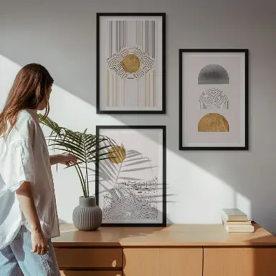 Set de 3 cuadros para salón con diseño de formas abstractas en tonos beige y gris