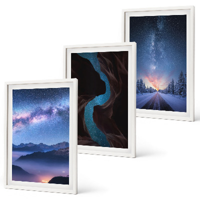Juego de 3 cuadros Paisaje invernal de montañas con cielo nocturno