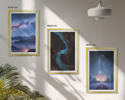 Juego de 3 cuadros Paisaje invernal de montañas con cielo nocturno