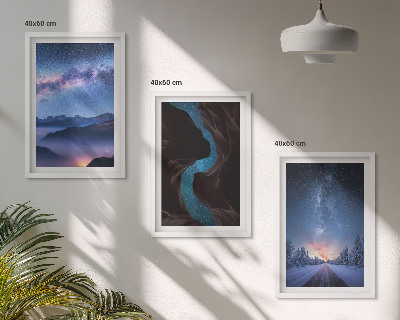 Juego de 3 cuadros Paisaje invernal de montañas con cielo nocturno