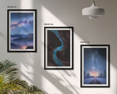 Juego de 3 cuadros Paisaje invernal de montañas con cielo nocturno