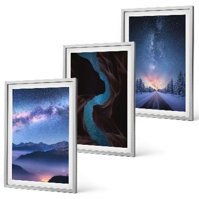 Juego de 3 cuadros Paisaje invernal de montañas con cielo nocturno