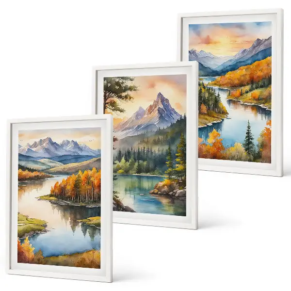 Set de 3 cuadros para salón con paisajes de montaña y río