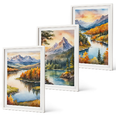 Set de 3 cuadros para salón Paisajes de montaña con un río