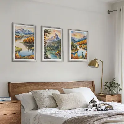 Set de 3 cuadros para salón con paisajes de montaña y río