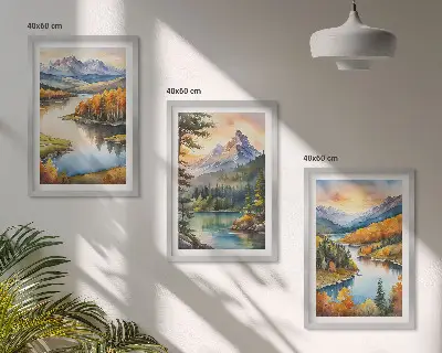 Set de 3 cuadros para salón con paisajes de montaña y río