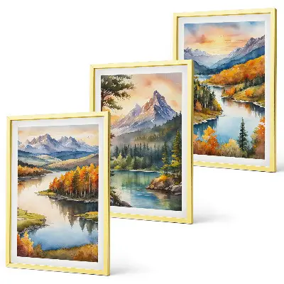 Set de 3 cuadros para salón con paisajes de montaña y río