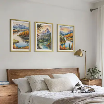 Set de 3 cuadros para salón con paisajes de montaña y río
