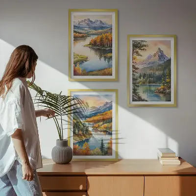 Set de 3 cuadros para salón con paisajes de montaña y río