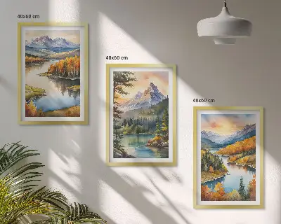 Set de 3 cuadros para salón con paisajes de montaña y río