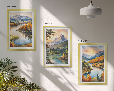 Set de 3 cuadros para salón Paisajes de montaña con un río