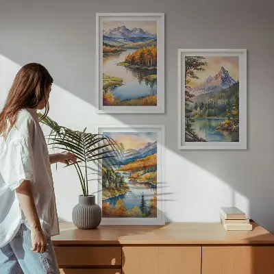 Set de 3 cuadros para salón con paisajes de montaña y río