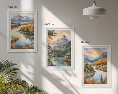 Set de 3 cuadros para salón con paisajes de montaña y río