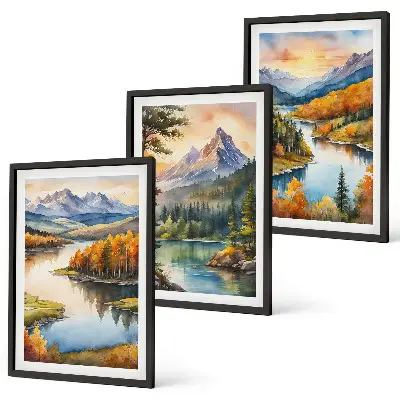 Set de 3 cuadros para salón con paisajes de montaña y río