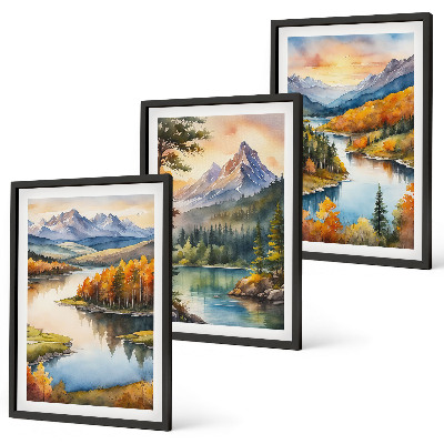 Set de 3 cuadros para salón Paisajes de montaña con un río