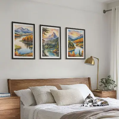 Set de 3 cuadros para salón con paisajes de montaña y río