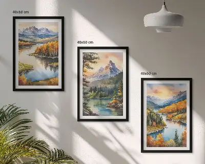 Set de 3 cuadros para salón con paisajes de montaña y río