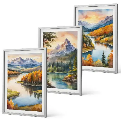 Set de 3 cuadros para salón con paisajes de montaña y río