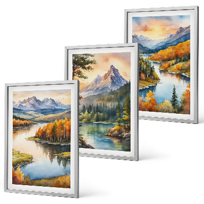 Set de 3 cuadros para salón Paisajes de montaña con un río