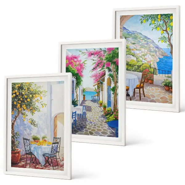 Juego de 3 cuadros con diseño de calles encantadoras, plantas y mar