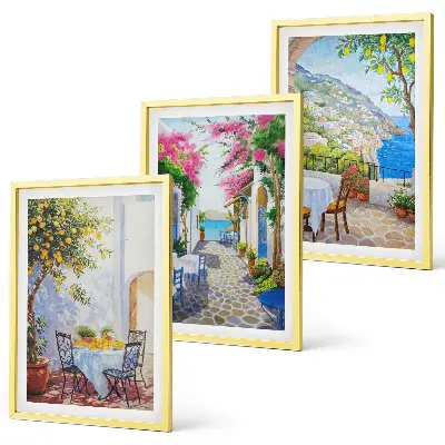 Juego de 3 cuadros con diseño de calles encantadoras, plantas y mar