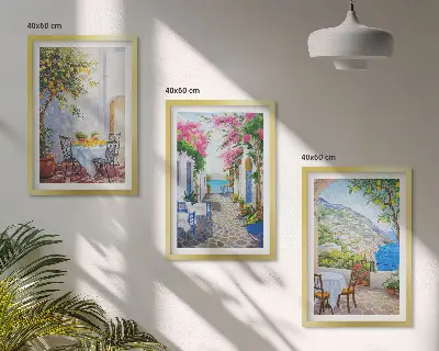 Juego de 3 cuadros con diseño de calles encantadoras, plantas y mar