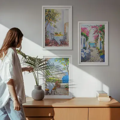 Juego de 3 cuadros con diseño de calles encantadoras, plantas y mar