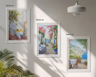 Juego de 3 cuadros con diseño de calles encantadoras, plantas y mar