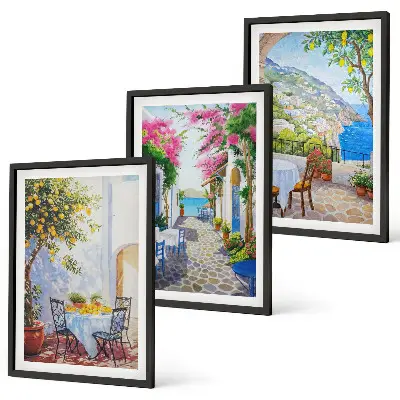 Juego de 3 cuadros con diseño de calles encantadoras, plantas y mar