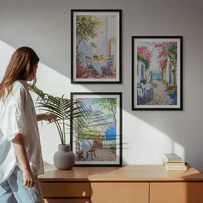 Juego de 3 cuadros con diseño de calles encantadoras, plantas y mar