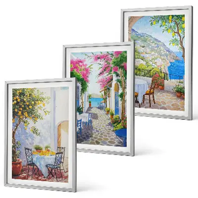Juego de 3 cuadros con diseño de calles encantadoras, plantas y mar