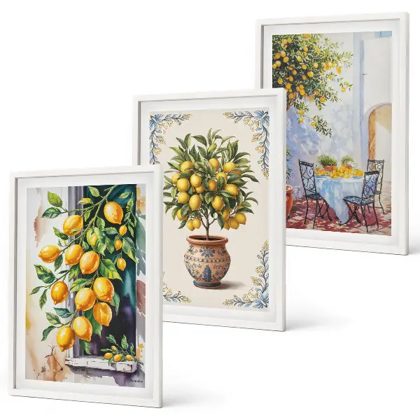 Set de 3 cuadros para salón con diseño de frutales y limoneros al sol