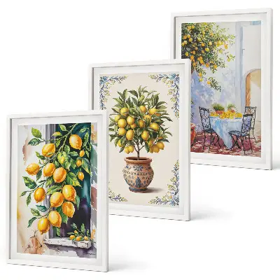Set de 3 cuadros para salón con diseño de frutales y limoneros al sol
