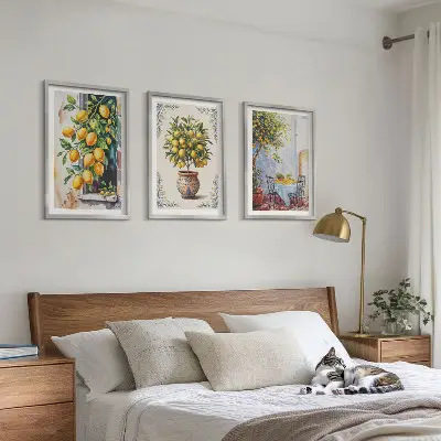 Set de 3 cuadros para salón con diseño de frutales y limoneros al sol