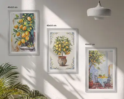 Set de 3 cuadros para salón con diseño de frutales y limoneros al sol