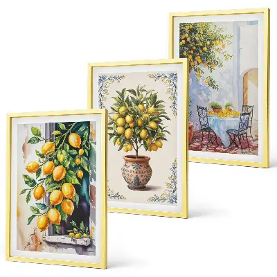 Set de 3 cuadros para salón con diseño de frutales y limoneros al sol