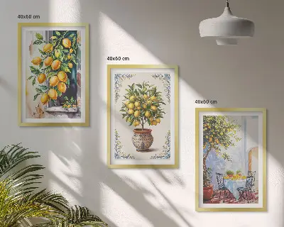 Set de 3 cuadros para salón con diseño de frutales y limoneros al sol