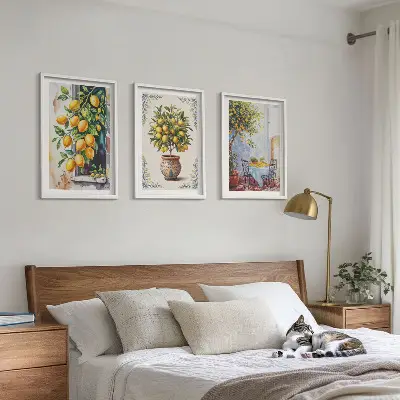 Set de 3 cuadros para salón con diseño de frutales y limoneros al sol
