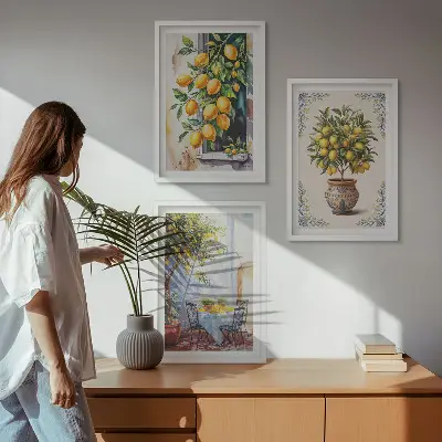 Set de 3 cuadros para salón con diseño de frutales y limoneros al sol