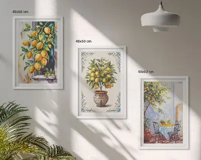 Set de 3 cuadros para salón con diseño de frutales y limoneros al sol