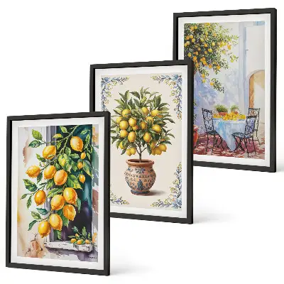Set de 3 cuadros para salón con diseño de frutales y limoneros al sol