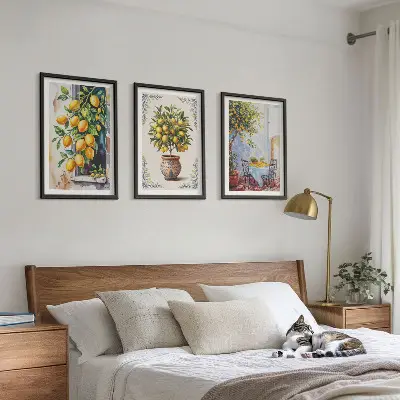 Set de 3 cuadros para salón con diseño de frutales y limoneros al sol